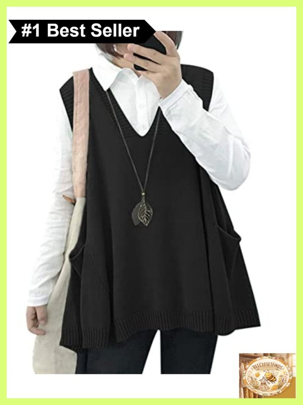 Loose Swing Cotton Oversized Knit Sleeveless Sweater Vest with Drop Pockets